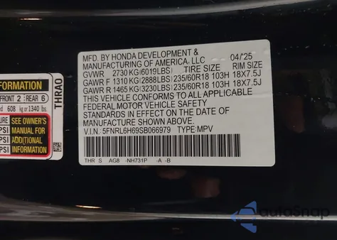 2025 Honda Odyssey Ex-L z USA, uszkodzony, nr VIN 5FNRL6H69SB066979